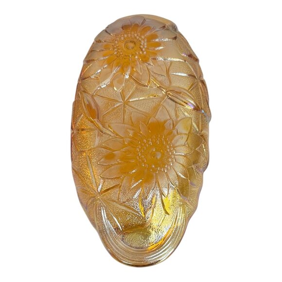 Amber Marigold Carnival Glass Sunflower Pattern Oval Relish Dish With Handles - Picture 9 of 9